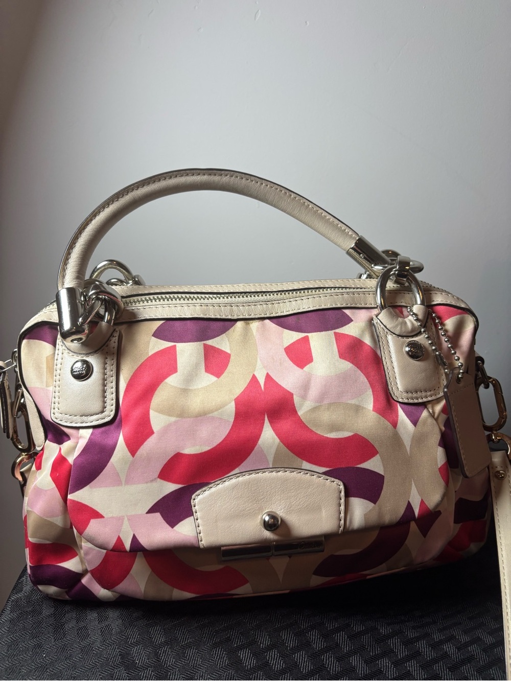 Coach Pink Multi Signature Interlocking C Satchel with Cream Trim